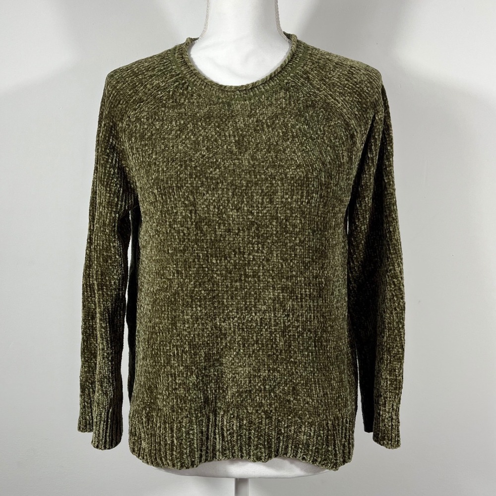 LOFT XS Olive Green Chenille Knit Sweater Crew Neck Long Sleeve Pullover